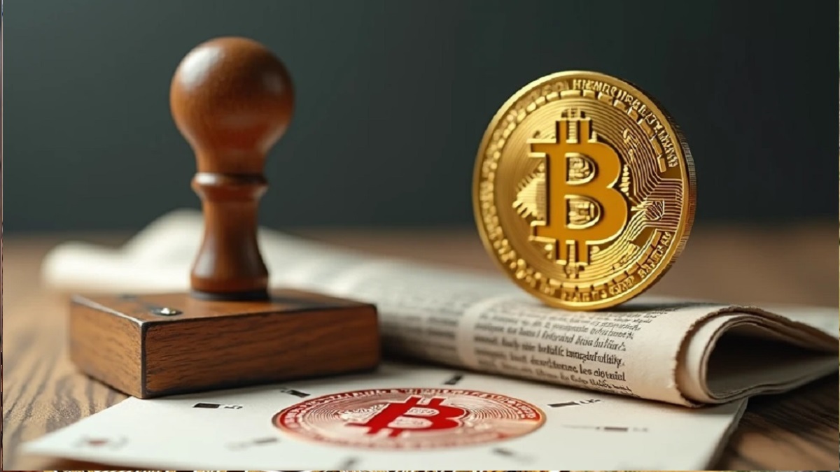 Imagen de un sello al lado de un periódico doblado y sellado con el logo de Bitcoin