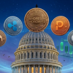 imagen con la cúpula del Senado de EE.UU con las monedas de logos de empresas de criptomoneda