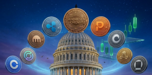 imagen con la cúpula del Senado de EE.UU con las monedas de logos de empresas de criptomoneda