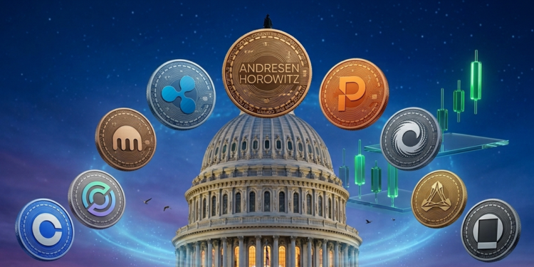 imagen con la cúpula del Senado de EE.UU con las monedas de logos de empresas de criptomoneda