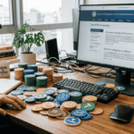 En una mesa se ven muchas criptomonedas estables (USDT, USDC, DAI, etcétera) y una computadora en cuyo monitor se ve el sitio web de la FED.