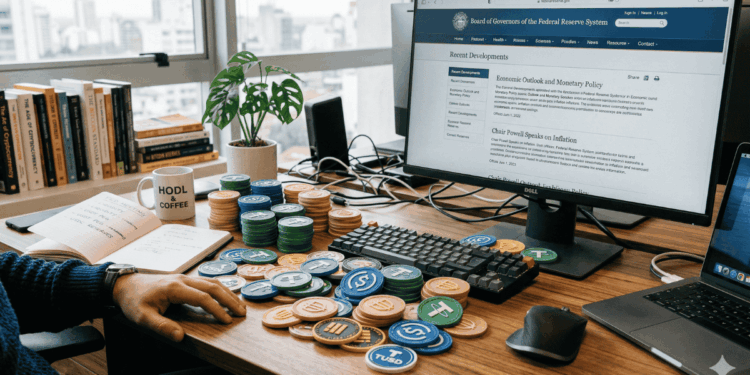 En una mesa se ven muchas criptomonedas estables (USDT, USDC, DAI, etcétera) y una computadora en cuyo monitor se ve el sitio web de la FED.