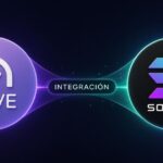 El logo de AAVE junto a Solana, en el medio se lee la palabra integración.