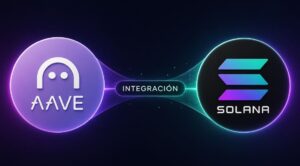 El logo de AAVE junto a Solana, en el medio se lee la palabra integración.