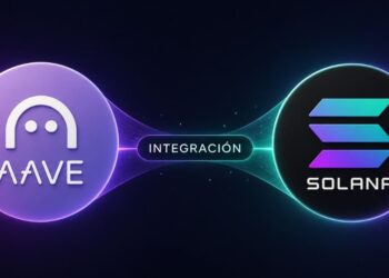 El logo de AAVE junto a Solana, en el medio se lee la palabra integración.