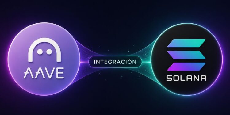 El logo de AAVE junto a Solana, en el medio se lee la palabra integraciรณn.