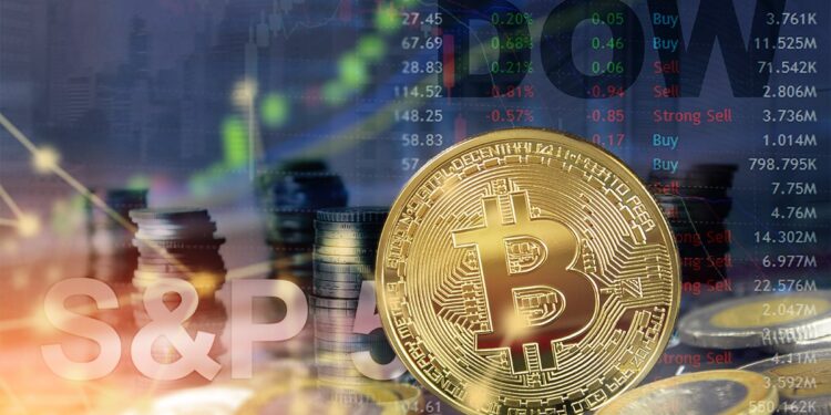 Monedas de bitcoin acompañada de gráficos bursátiles.
