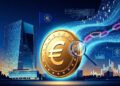 Moneda de euro ampliada con lupa frente a un rascacielos moderno y la bandera de la UE, rodeada de códigos digitales, cadenas y gráficos que evocan análisis financiero y tecnología monetaria.