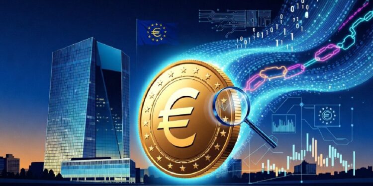 Moneda de euro ampliada con lupa frente a un rascacielos moderno y la bandera de la UE, rodeada de códigos digitales, cadenas y gráficos que evocan análisis financiero y tecnología monetaria.