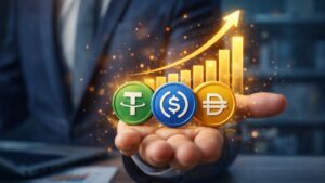 Una mano sostiene una moneda física de Tether, USDC y otra de DAI.