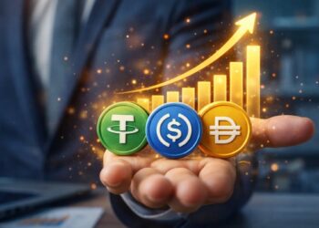 Una mano sostiene una moneda física de Tether, USDC y otra de DAI.