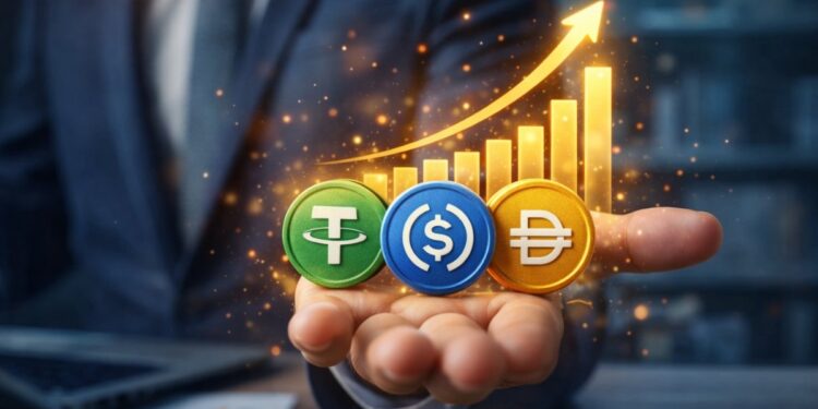 Una mano sostiene una moneda física de Tether, USDC y otra de DAI.