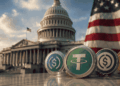 Imagen del congreso, junto con la bandera de Estados Unidos. En un costado, varias stablecoins.