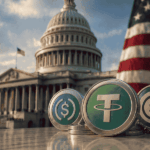 Imagen del congreso, junto con la bandera de Estados Unidos. En un costado, varias stablecoins.
