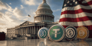 Imagen del congreso, junto con la bandera de Estados Unidos. En un costado, varias stablecoins.