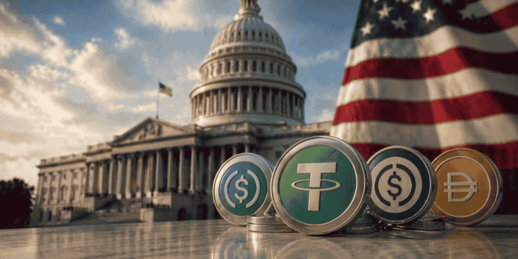 Imagen del congreso, junto con la bandera de Estados Unidos. En un costado, varias stablecoins.