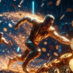 Una figura corre en primer plano acumulando BTC, mientras BlackRock le pisa los talones en un fondo futurista cyberpunk con lluvia de bitcoin.