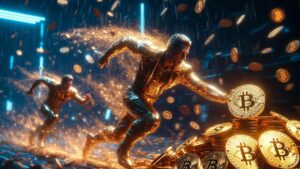 Una figura corre en primer plano acumulando BTC, mientras BlackRock le pisa los talones en un fondo futurista cyberpunk con lluvia de bitcoin.