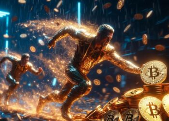 Una figura corre en primer plano acumulando BTC, mientras BlackRock le pisa los talones en un fondo futurista cyberpunk con lluvia de bitcoin.