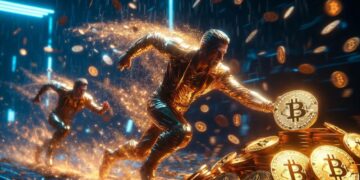 Una figura corre en primer plano acumulando BTC, mientras BlackRock le pisa los talones en un fondo futurista cyberpunk con lluvia de bitcoin.