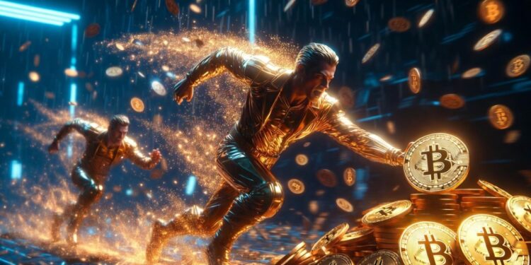 Una figura corre en primer plano acumulando BTC, mientras BlackRock le pisa los talones en un fondo futurista cyberpunk con lluvia de bitcoin.