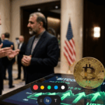 En primer plano, moneda de bitcoin y flechas verdes hacia arriba. En el fondo, funcionarios negociando.