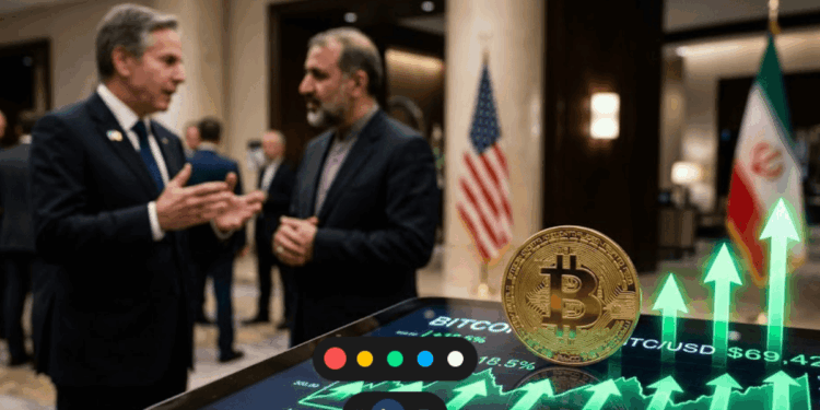En primer plano, moneda de bitcoin y flechas verdes hacia arriba. En el fondo, funcionarios negociando.