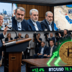 Un Bitcoin dorado con flechas verdes ascendentes en primer plano. Al fondo, Donald Trump habla en un podio frente a pantallas con funcionarios iraníes escépticos, un mapa del Estrecho de Ormuz y paisajes de Irán. La imagen vincula la tensión geopolítica con el auge de las criptomonedas.