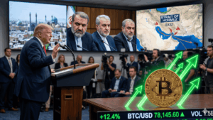 Un Bitcoin dorado con flechas verdes ascendentes en primer plano. Al fondo, Donald Trump habla en un podio frente a pantallas con funcionarios iraníes escépticos, un mapa del Estrecho de Ormuz y paisajes de Irán. La imagen vincula la tensión geopolítica con el auge de las criptomonedas.