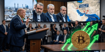 Un Bitcoin dorado con flechas verdes ascendentes en primer plano. Al fondo, Donald Trump habla en un podio frente a pantallas con funcionarios iraníes escépticos, un mapa del Estrecho de Ormuz y paisajes de Irán. La imagen vincula la tensión geopolítica con el auge de las criptomonedas.