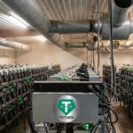 Granja de minería de criptomonedas con filas de ASIC miners y el logo de Tether en primer plano.