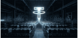 Imagen del logo de Tether sobre los equipos de minería de BTC.