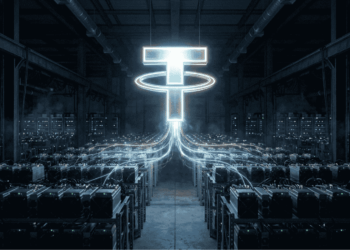 Imagen del logo de Tether sobre los equipos de minería de BTC.
