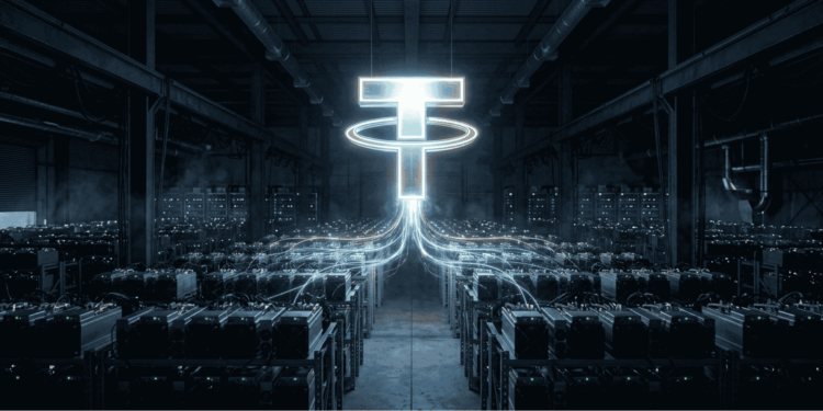 Imagen del logo de Tether sobre los equipos de minería de BTC.