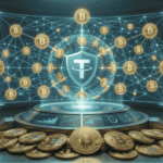 Imagen realista donde aparece el logo de theter en la red junto con varias monedas de btc.