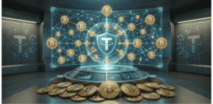 Imagen realista donde aparece el logo de theter en la red junto con varias monedas de btc.