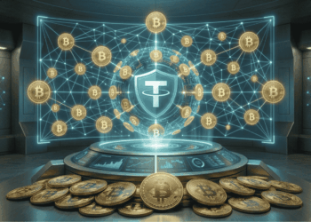 Imagen realista donde aparece el logo de theter en la red junto con varias monedas de btc.