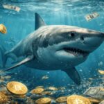 Tiburón nadando bajo el mar rodeado de monedas físicas de bitcoin y billetes de dólar flotando.