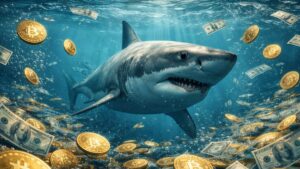 Tiburón nadando bajo el mar rodeado de monedas físicas de bitcoin y billetes de dólar flotando.