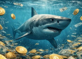 Tiburón nadando bajo el mar rodeado de monedas físicas de bitcoin y billetes de dólar flotando.