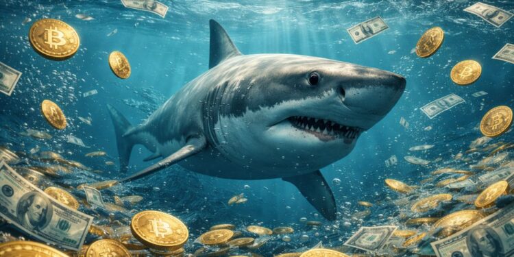 Tiburón nadando bajo el mar rodeado de monedas físicas de bitcoin y billetes de dólar flotando.