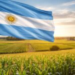 Una bandera argentina junto a tierras agrรญcolas.