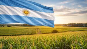 Una bandera argentina junto a tierras agrรญcolas.