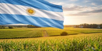 Una bandera argentina junto a tierras agrícolas.