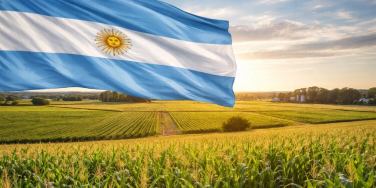 Una bandera argentina junto a tierras agrícolas.