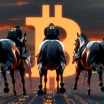 Una lรญnea de salida de una carrera de caballos vista desde atrรกs. Varios caballos musculosos y nerviosos (representando diferentes clases de activos) estรกn alineados, con las patas traseras tensas y listas para salir disparadas.