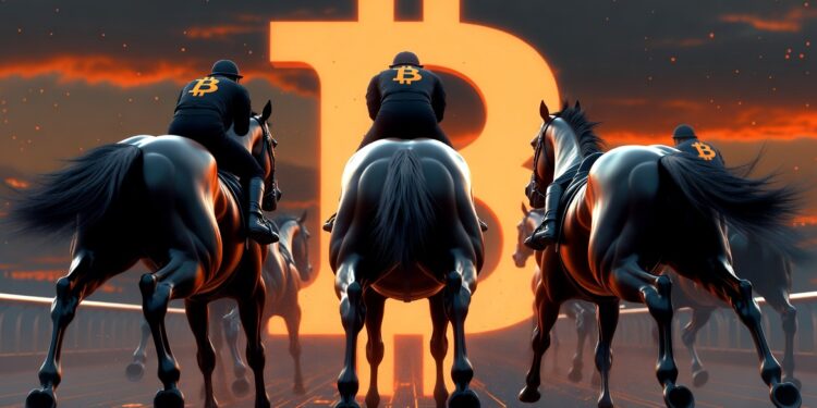 Una línea de salida de una carrera de caballos vista desde atrás. Varios caballos musculosos y nerviosos (representando diferentes clases de activos) están alineados, con las patas traseras tensas y listas para salir disparadas.