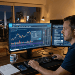 Un trader frente a varios monitores analiza gráficos de Bitcoin en una interfaz de Charles Schwab. Se ve concentrado en su escritorio con café, teclado y apuntes.