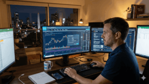 Un trader frente a varios monitores analiza gráficos de Bitcoin en una interfaz de Charles Schwab. Se ve concentrado en su escritorio con café, teclado y apuntes.