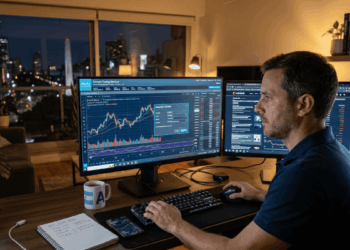 Un trader frente a varios monitores analiza gráficos de Bitcoin en una interfaz de Charles Schwab. Se ve concentrado en su escritorio con café, teclado y apuntes.